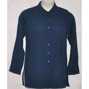 Joan Rivers Womens 2X Blouse Top Navy Blue Cotton Shadow‎ Check Button Up Front